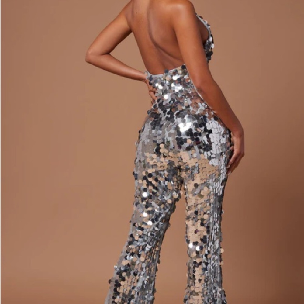 DISCO INFERNO Silver Sequin Party Jumpsuit